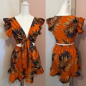 Tropical Print Tie Front Ruffle Trim Top and Shorts Co-ord Set